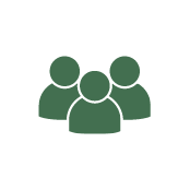 Green icon of three simplified human figures grouped together on a white circular background, representing a community or group of people.