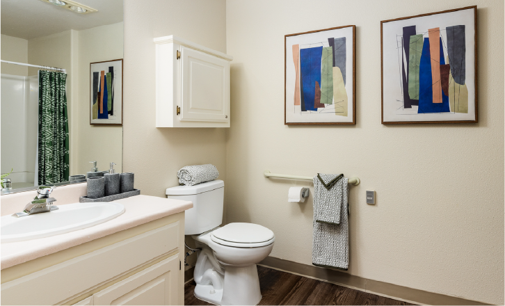 A clean bathroom with a white toilet, white sink, and cabinet. Two abstract art pieces hang above the toilet. Towels, soap, and a green shower curtain are visible; the floor is dark wood.