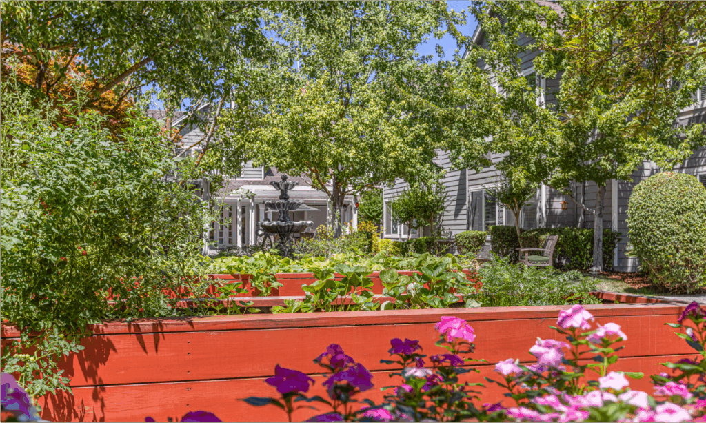 A vibrant garden with raised red wooden planters filled with green plants and pink flowers, surrounded by trees and shrubs. In the background, a black fountain and gray buildings are visible in the sunlight.